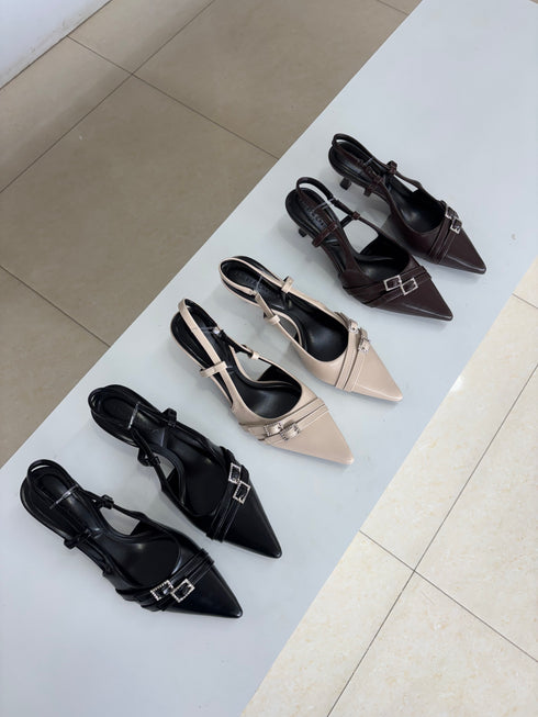 Belted Pointy Toe Slid On kitten Heels